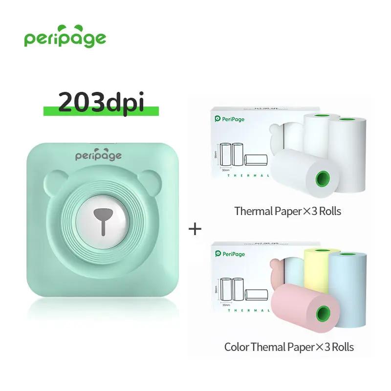 PeriPage A6 203dpi mint green portable thermal printer with 3 rolls of white thermal paper and 3 rolls of color thermal paper for printing photos and notes