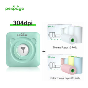 PeriPage A6 304dpi mint green portable thermal printer with 3 rolls of white thermal paper and 3 rolls of color thermal paper for DIY printing