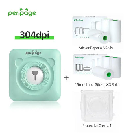 PeriPage A6 304dpi mint green printer kit including 6 rolls of sticker paper, 3 rolls of 15mm label stickers, and 1 protective transparent case