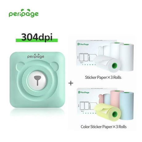 PeriPage A6 304dpi mint green portable printer set with USB cable, one paper roll, and instruction manual for photo and memo printing