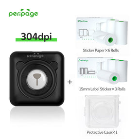 PeriPage A6 304dpi black thermal printer set including 6 rolls of sticker paper, 3 rolls of 15mm label paper, and 1 transparent protective case. Bluetooth mini printer for notes, study, and labeling