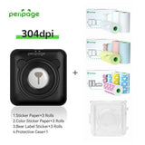 PeriPage A6 black Bluetooth thermal printer bundle with 3 rolls of sticker paper, 3 rolls of colored sticker paper, 3 rolls of bear label paper, and 1 protective case. Cute portable printer for creative projects
