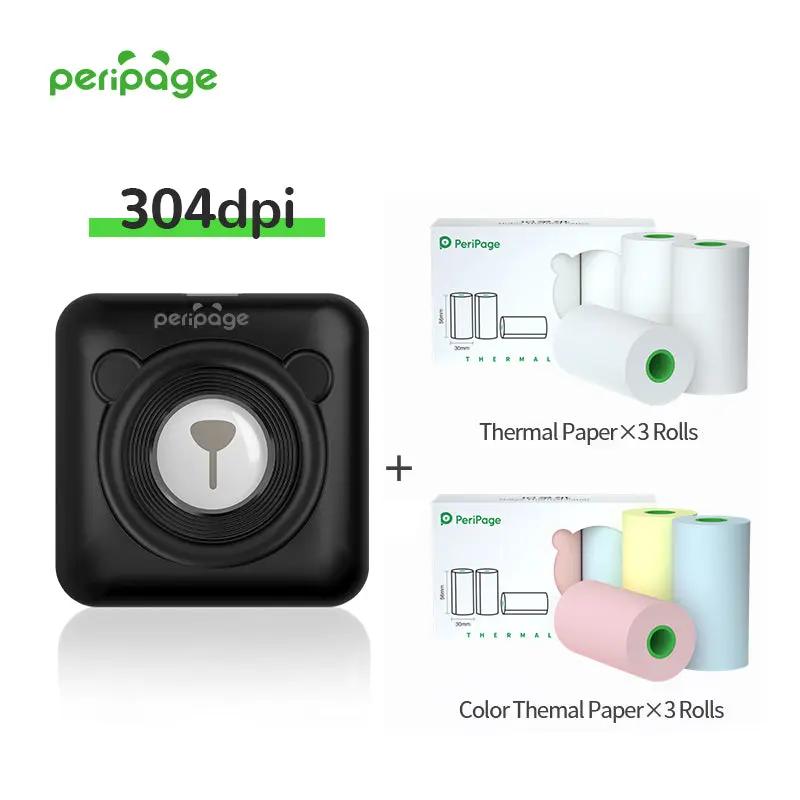 PeriPage A6 Mini Bluetooth Portable Thermal Printer in black, 304dpi resolution, shown with 3 rolls of thermal paper and 3 rolls of colored thermal paper. Compact bear-shaped mini printer for printing notes, photos, and lists.