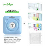 PeriPage A6 Blue 203dpi Portable Printer bundle including sticker paper, color sticker paper, bear label stickers, and transparent protective case