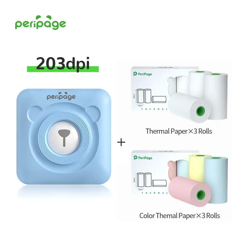 PeriPage A6 Blue 203dpi Mini Thermal Printer bundle with 3 thermal paper rolls and 3 color thermal paper rolls, wireless portable printer for phone