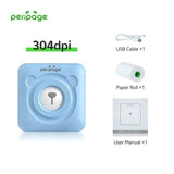 PeriPage A6 Blue 304dpi Bluetooth Portable Thermal Printer set with USB cable, paper roll, and user manual, high-resolution printing device