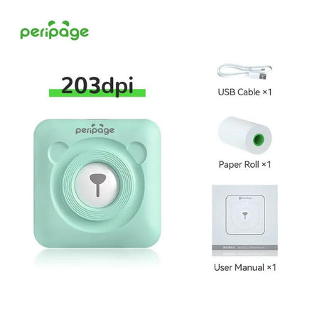 PeriPage A6 Green 203DPI Mini Bluetooth Thermal Printer basic package including USB cable, sample paper roll, and user manual for easy portable printing