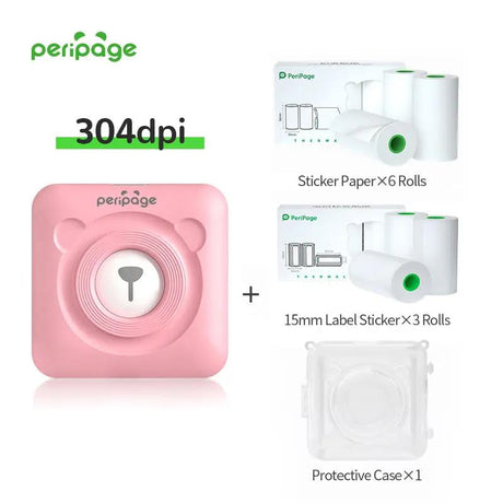 PeriPage A6 pink 304dpi thermal printer bundle with 6 rolls of sticker paper, 3 rolls of 15mm label paper, and 1 transparent protective case. Wireless portable printer for study and office use