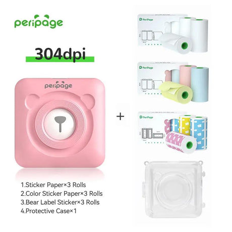 PeriPage A6 pink Bluetooth mini thermal printer combo (304dpi) with 3 rolls of sticker paper, 3 rolls of color sticker paper, 3 rolls of bear label paper, and 1 protective case. Compact printer for creative labeling