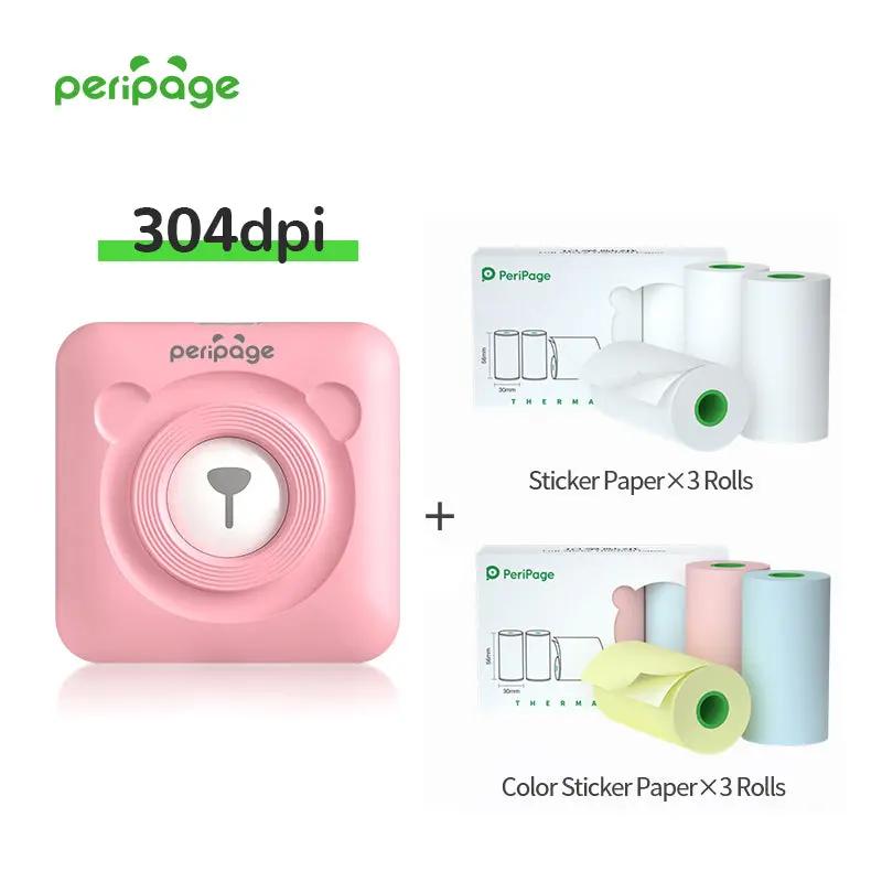 PeriPage A6 pink mini Bluetooth printer (304dpi) including 3 rolls of sticker paper and 3 rolls of colored sticker paper. Portable printer for journaling, crafts, and labeling