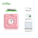 PeriPage A6 Mini Bluetooth Portable Thermal Printer in pink, 304dpi resolution, shown with USB cable, thermal paper roll, and user manual. Pocket-size bear printer for study notes or travel use.