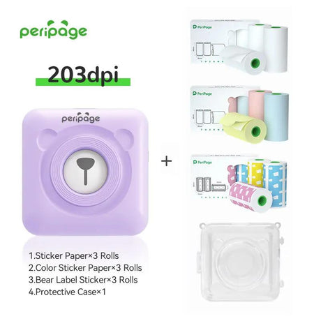 PeriPage A6 purple 203dpi Bluetooth printer full set with 3 rolls of sticker paper, 3 rolls of color sticker paper, 3 bear label rolls, and a protective case — all-in-one thermal printing kit