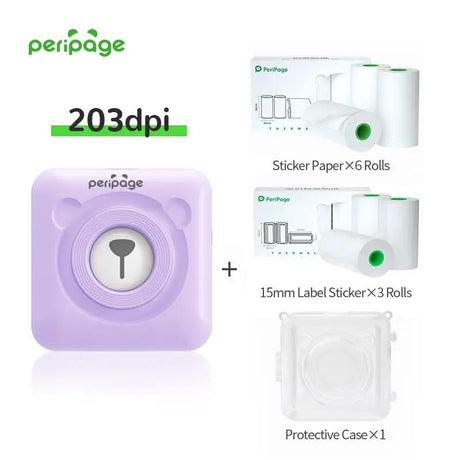 PeriPage A6 purple 203dpi mini printer package with 6 rolls of sticker paper, 3 rolls of 15mm label stickers, and protective transparent case — thermal label printer