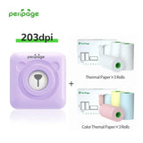 PeriPage A6 purple 203dpi portable thermal printer with 3 rolls of thermal paper and 3 rolls of color thermal paper — mini Bluetooth photo and note printer