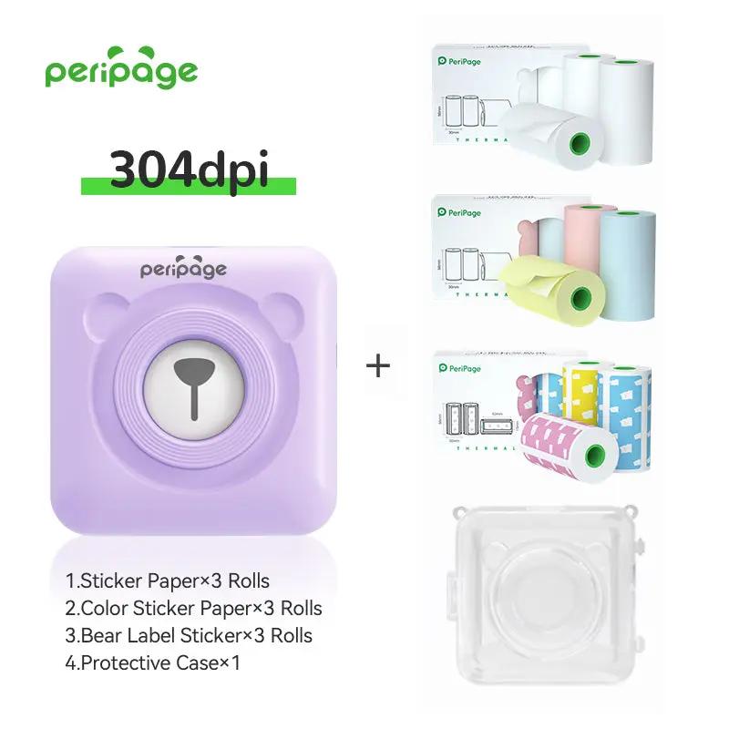 PeriPage A6 purple 304dpi Bluetooth thermal printer full bundle with 3 rolls of sticker paper, 3 rolls of color sticker paper, 3 bear label rolls, and a protective case — smart portable printer for creative use