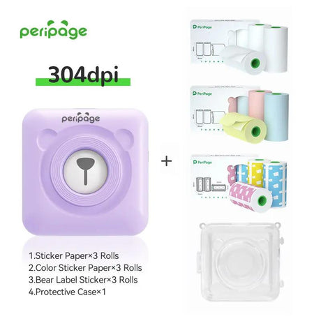 PeriPage A6 purple 304dpi Bluetooth thermal printer full bundle with 3 rolls of sticker paper, 3 rolls of color sticker paper, 3 bear label rolls, and a protective case — smart portable printer for creative use