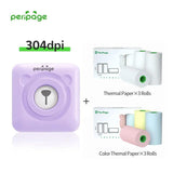PeriPage A6 purple 304dpi Bluetooth printer with 3 rolls of thermal paper and 3 rolls of color thermal paper — mobile mini printer for pictures and receipts