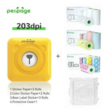 PeriPage A6 Yellow 203DPI Portable Bluetooth Printer combo with 3 sticker rolls, 3 colorful sticker rolls, 3 bear label rolls, and a protective case, perfect for home and office