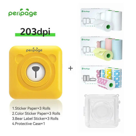 PeriPage A6 Yellow 203DPI Portable Bluetooth Printer combo with 3 sticker rolls, 3 colorful sticker rolls, 3 bear label rolls, and a protective case, perfect for home and office