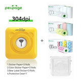 PeriPage A6 Yellow 304DPI Bluetooth Printer bundle with sticker paper, colorful sticker rolls, bear labels, and protective case — compact and travel-friendly