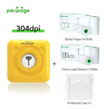 PeriPage A6 Yellow 304DPI Mini Thermal Printer with 6 sticker rolls, 15mm label rolls, and a protective case for organized portable printing