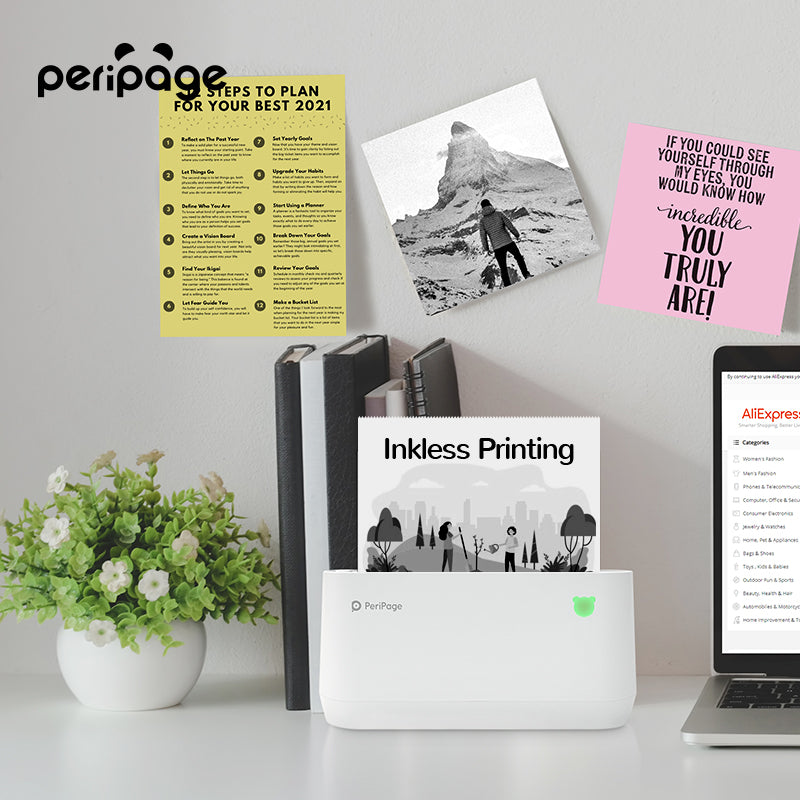 PeriPage A9 Max portable mini thermal printer on desk printing “Inkless Printing”, ideal for home or office use.