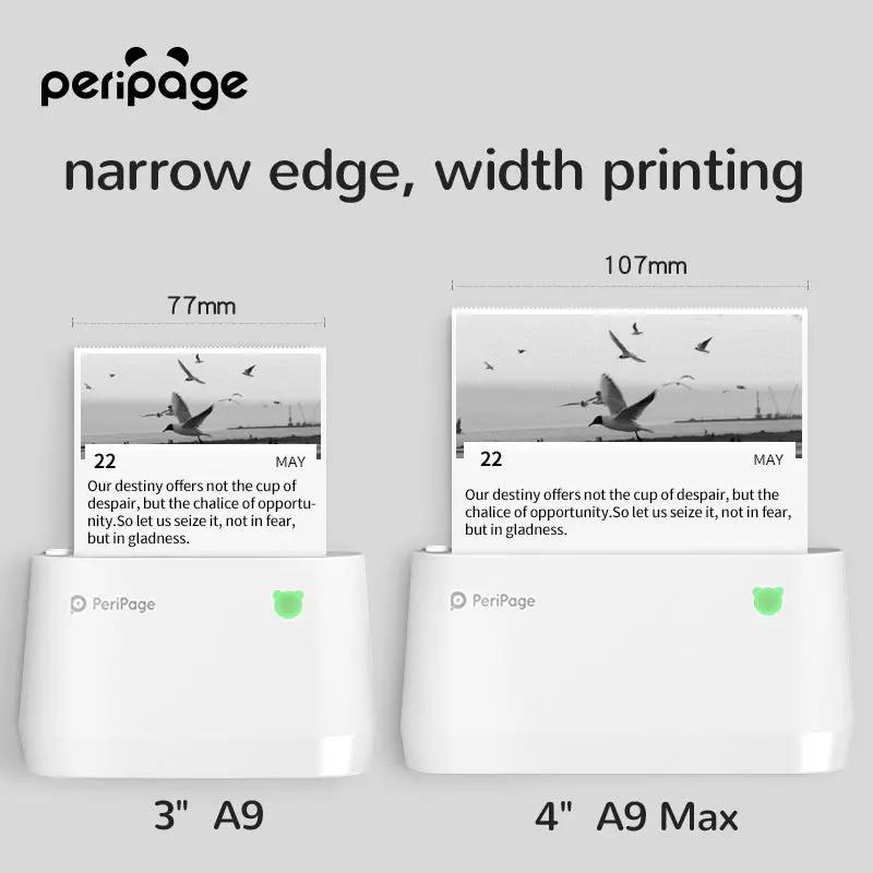 Comparison of PeriPage A9 Max 4-inch vs A9 3-inch printing width, showcasing wider edge-to-edge printing capability