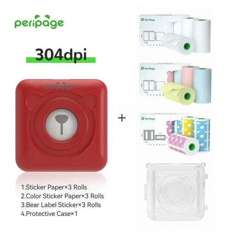 PeriPage A9 Red 304dpi Printer bundle with 3 rolls of sticker paper, 3 rolls of color sticker paper, 3 rolls of bear label stickers, and protective case