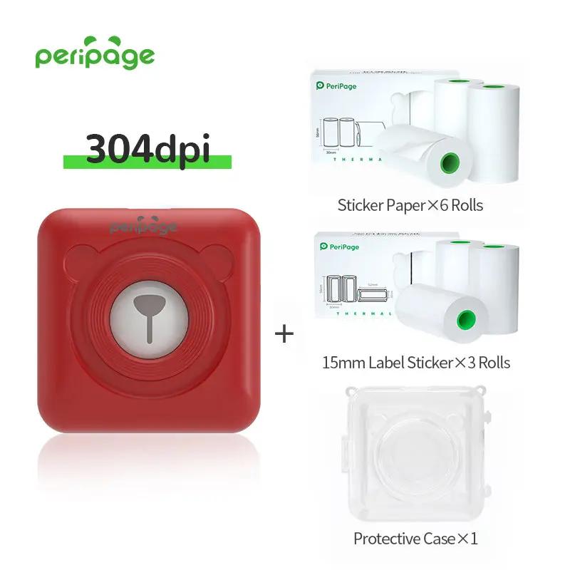 PeriPage A9 Red 304dpi Printer with 6 rolls of sticker paper, 3 rolls of 15mm label sticker, and protective case. Bluetooth mini printer for DIY and office labeling