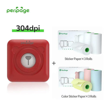 PeriPage A9 Red 304dpi Printer with 3 rolls of sticker paper and 3 rolls of color sticker paper. Wireless thermal printer for creative journaling and labeling
