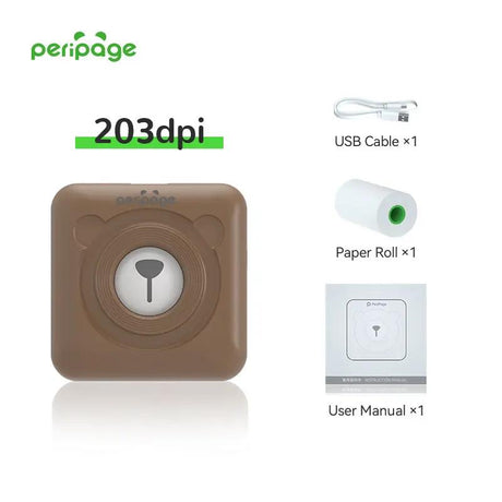 PeriPage brown mini thermal printer 203dpi with USB cable, paper roll, and user manual included — portable wireless label and photo printer