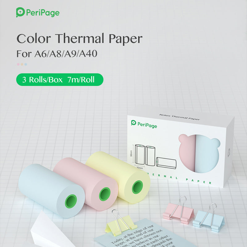 PeriPage Color Thermal Paper for A6/A8/A9/A40, 3 Rolls/Box, 7m per Roll, Ideal for Printing Stickers, Notes, and More - Compatible with PeriPage Mini Printers
