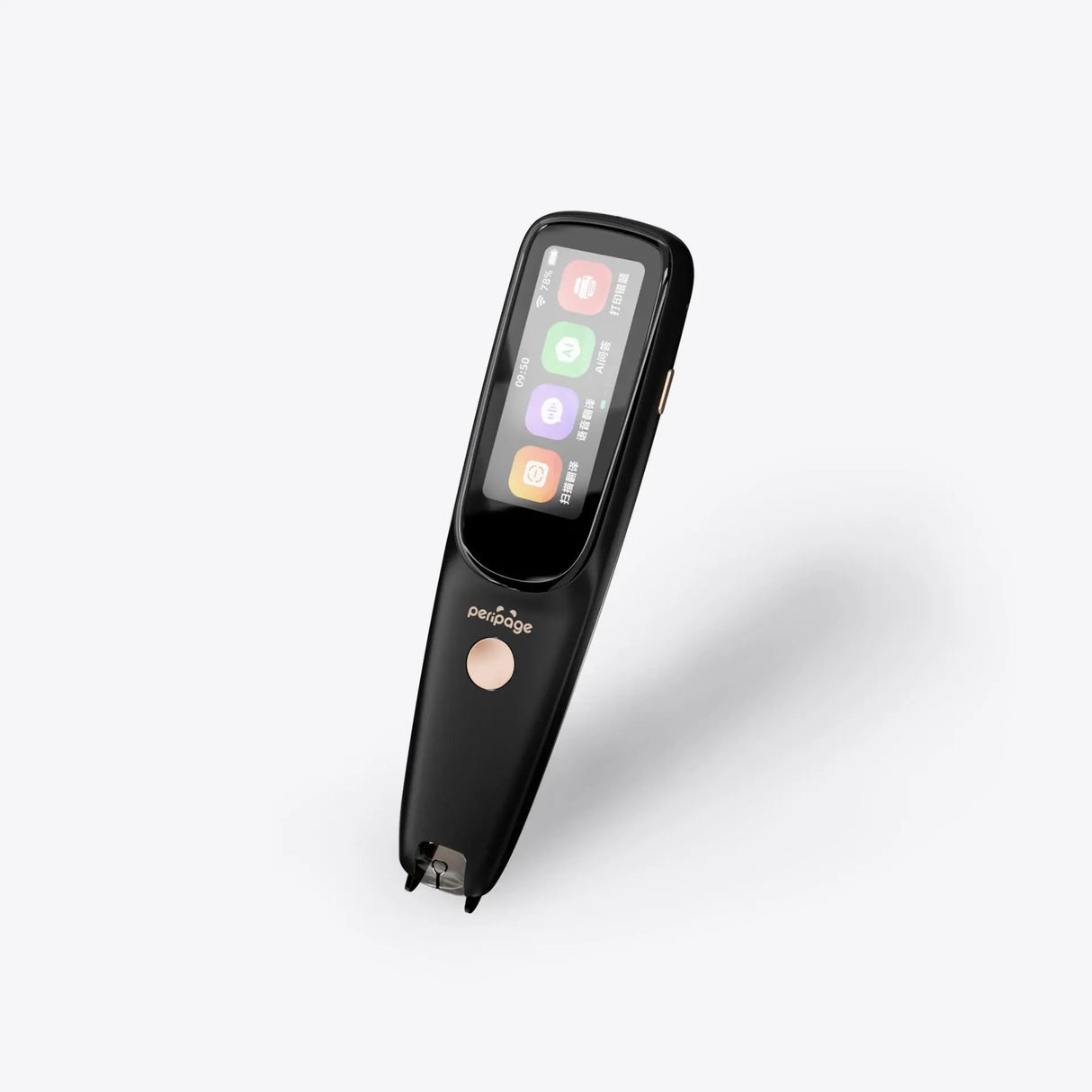 Close-up image of PeriPage D2S Translation Pen, showcasing its compact design and 2.23-inch touch screen interface for easy translation