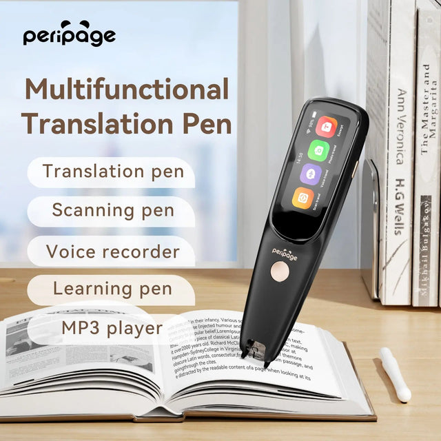 PeriPage D2S Translation Pen featuring scanning, voice, and photo translation functions. A portable, multi-functional learning pen with a 2.23-inch touch screen and long battery life