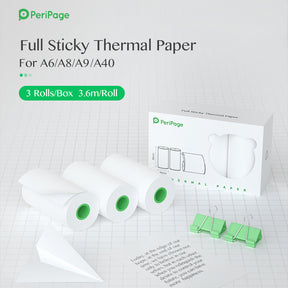 PeriPage Full Sticky Thermal Paper for A6 A8 A9 A40, 3 Rolls/Box, 3.6m Roll, White Thermal Paper, High-Quality for Printing Notes, Photos, and Documents, Ideal for Thermal Printers