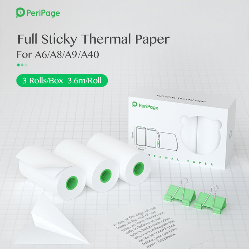 PeriPage Full Sticky Thermal Paper for A6 A8 A9 A40, 3 Rolls/Box, 3.6m Roll, White Thermal Paper, High-Quality for Printing Notes, Photos, and Documents, Ideal for Thermal Printers