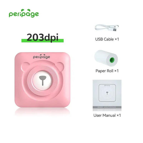 Pink PeriPage mini thermal printer full set with USB cable, paper roll, and user manual, 203dpi portable Bluetooth printer
